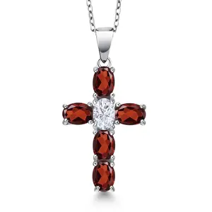 Gem Stone King 925 Sterling Silver Red Garnet and White Moissanite Cross Pendant Necklace for Women | 3.35 Cttw | Gemstone January Birthstone | Oval 6X4MM | With 18 Inch Chain