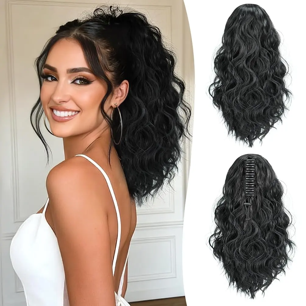 14 in Soft Curly Claw Clip Ponytail Quick Hair Extension, Realistic Fluffy Wavy Synthetic Hairpiece for Thin Short Hair, Secure Jaw Clip Accessory for Everyday Wear & Date Night, Wavy Synthetic Hairpieces, Soft Curly Ponytails