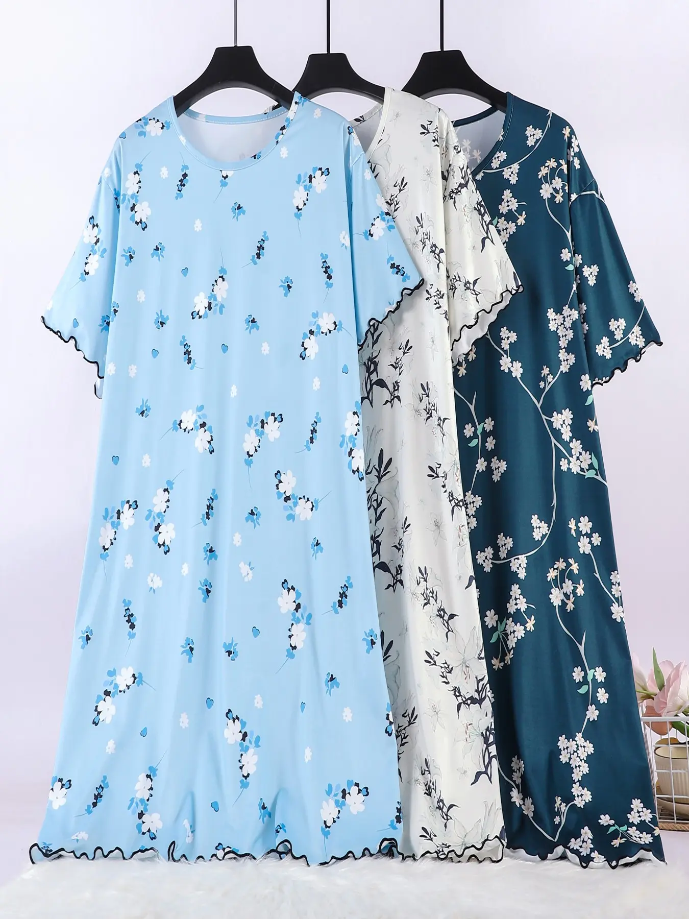 3-Pack Summer Short Sleeve Round Neck Sleepwear, Loose Fit Floral Print Pajamas, Soft Casual Nightdress, Comfortable Casual Everyday Home Wear, Indoor Loungewear, Elderly & Mom, Womenswear, Loungewear, Nightgown Sleepwear