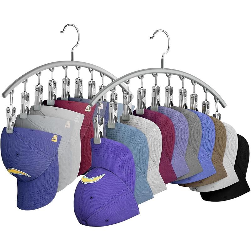 Hat Hangers for Closet, Metal Hat Organizer for Baseball Caps 2 Pack Door Hat Racks for Baseball Caps with 10 Large Clips, Baseball Cap Hangers for Closet Storage, Fits All Caps-Grey, Gray