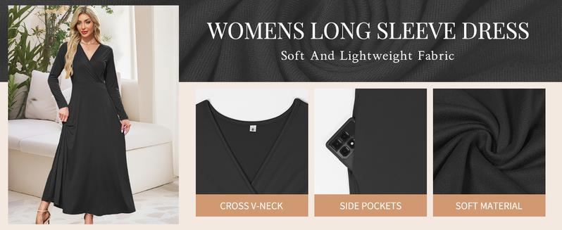 AUSELILY Maxi Dresses for Women, Cross Vneck, Longsleeve Ankle Length Floral Print Flowy Dress with Pockets