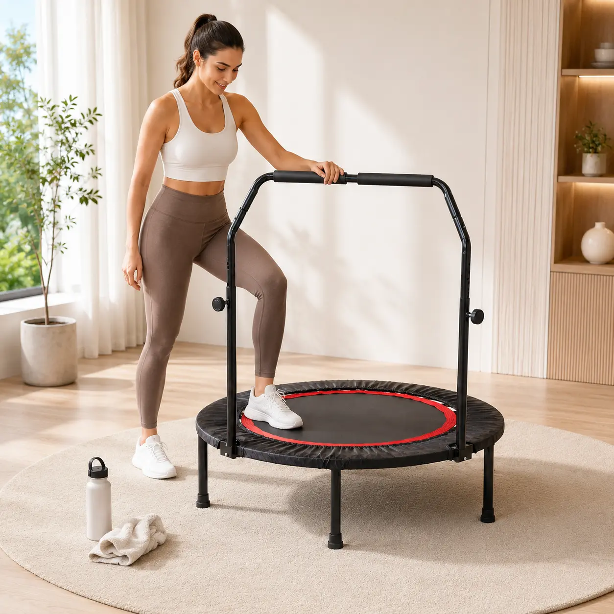 Fahuac Foldable Compact Mini Fitness Trampoline - 300LBS Capacity, 28-Spring Rebounder, Adjustable Foam Handle, Portable Workout Equipment for Home Gym, Outdoor Use