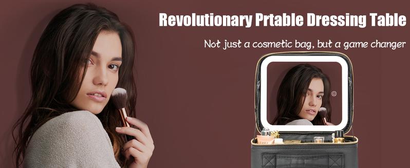 Makeup Bag with LED Mirror, Small Travel Makeup Case with Rechargeable Lighted Mirror 3 Color Lights, Double Layer Cosmetic Box Makeup Brush Lipstick Holder Organizer for Women, Black