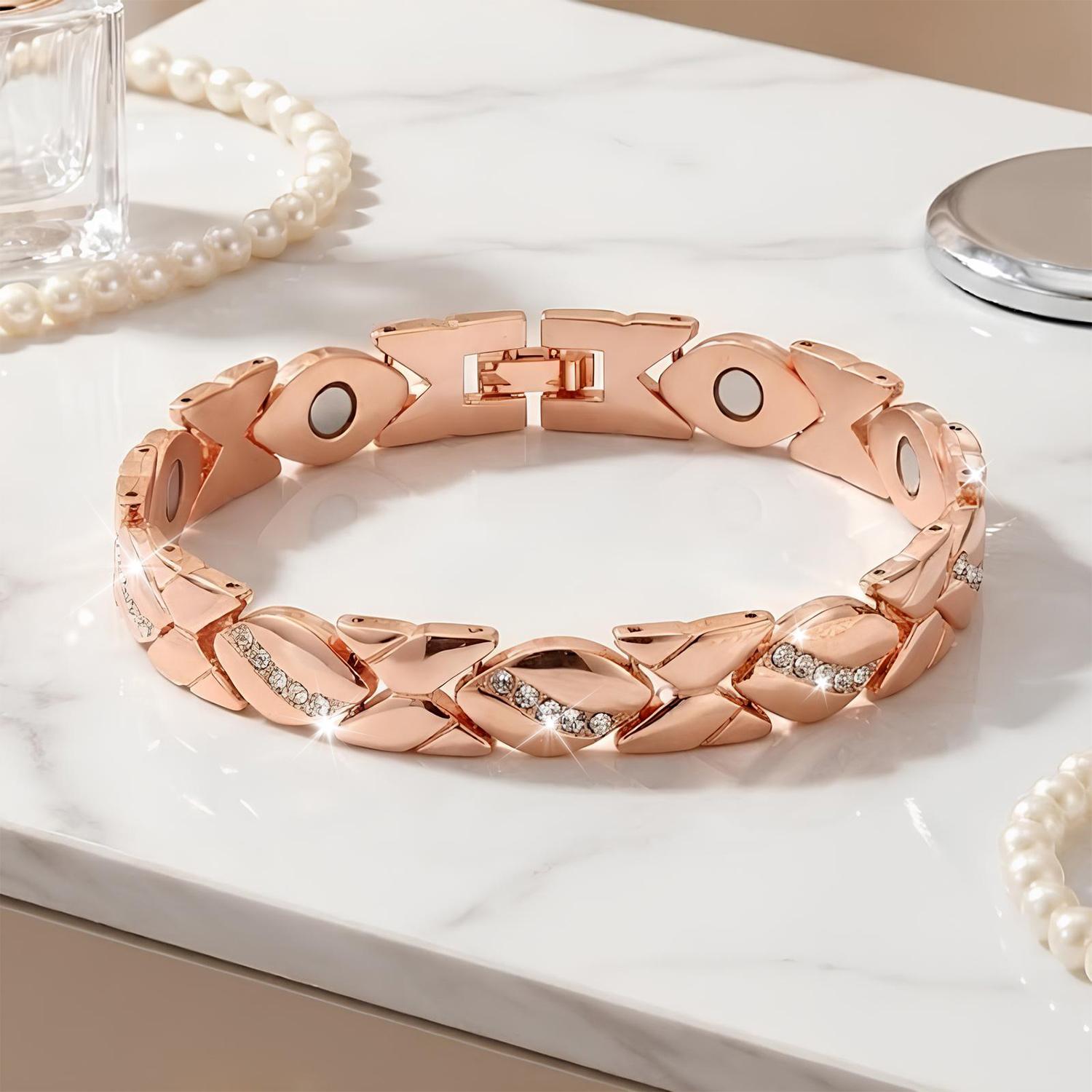 Women's leaf bracelet, pure copper magnetic bracelet with diamonds, 3500 gauss effective magnet, outdoor fun