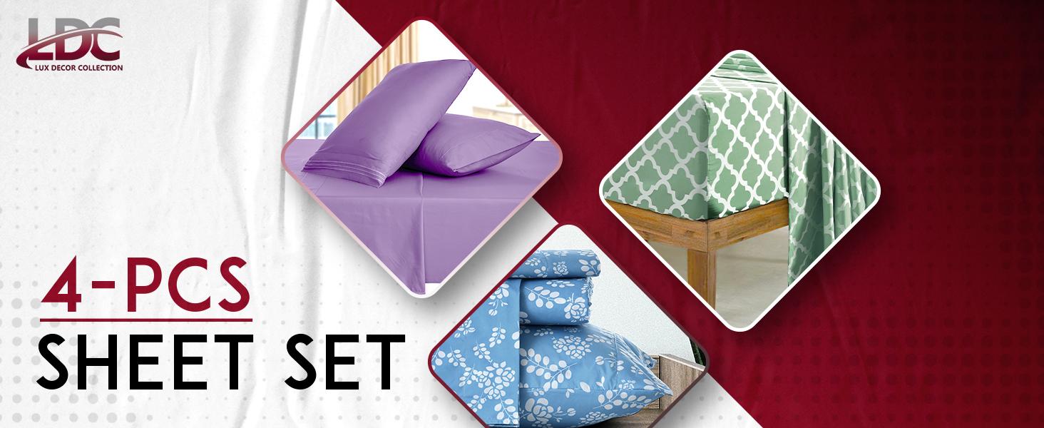 Lux Decor 4 Pcs Bed Sheet Set-16" Deep Pocket Queen Sheets-Floral,Quatrefoil,Solid King Bed Sheet With Embroidered Pillowcases-Premium Quality Bedding Set Warm, Cozy & Luxury Bedding Set