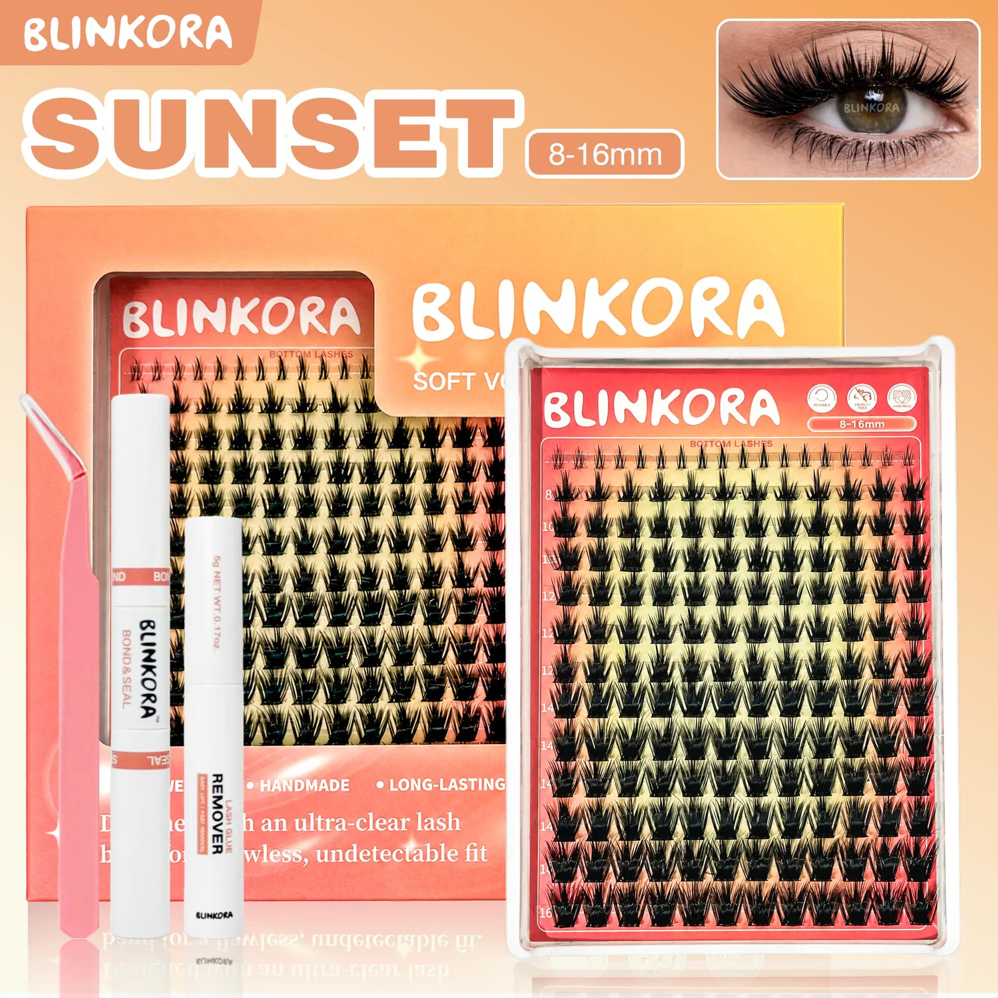 Blinkora California Sunset DIY Eyelash Extension Kit with Soft Wispy Lash Clusters for DIY Volume, Waterproof Spiky Lashes, 8-16mm, Includes Glue, Remover & Applicator, Eyelashes Extensions, Diy Volume Eyelashes