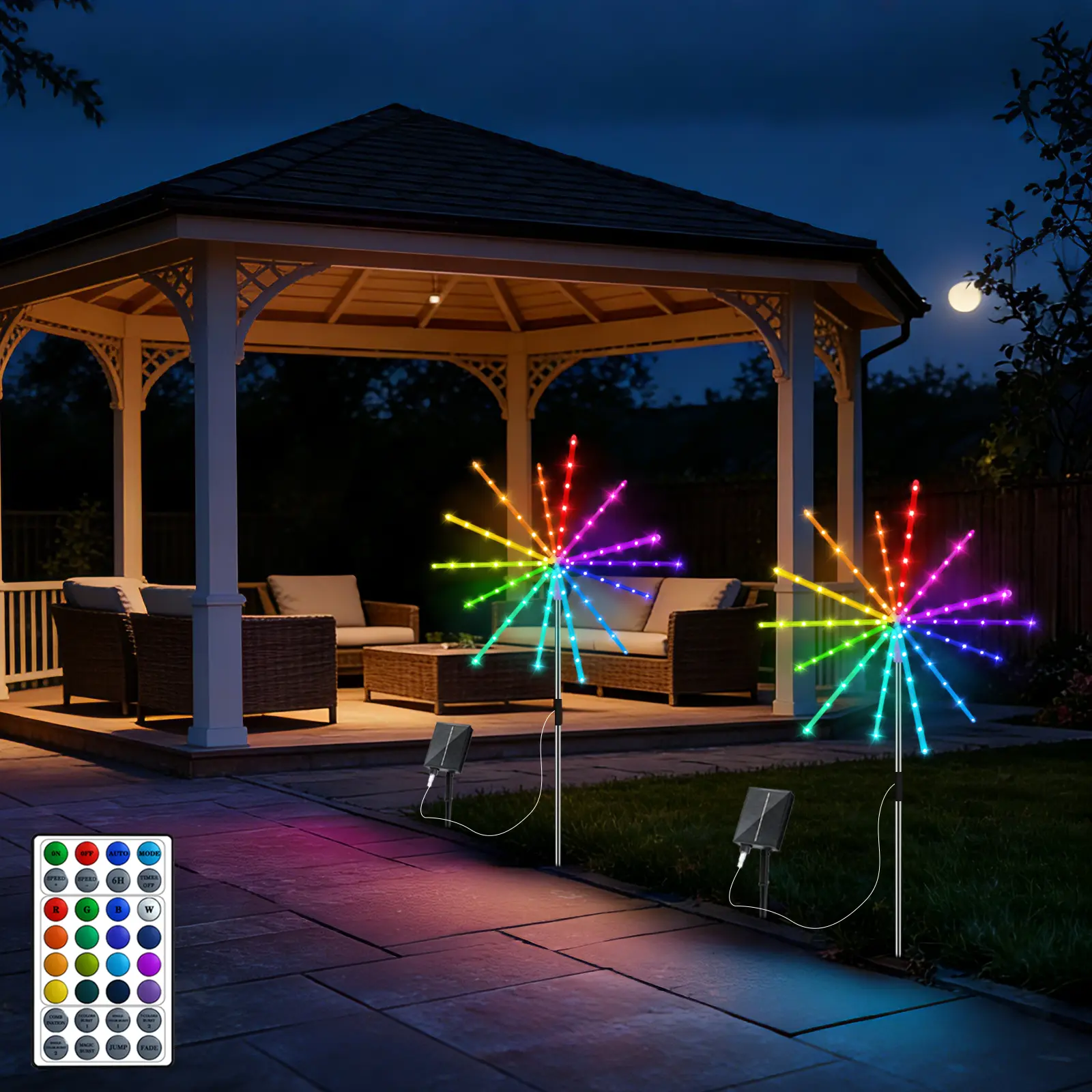 Solar Powered Garden Firework Starburst Lights (2-Pack) with Garden Stakes - Color Changing, 84 Colors, 16 Modes, Remote Control, Water Resistant, Rechargeable, Timer-Equipped for Valentine's Day, Pathway Backyard Patio, Friends, Family