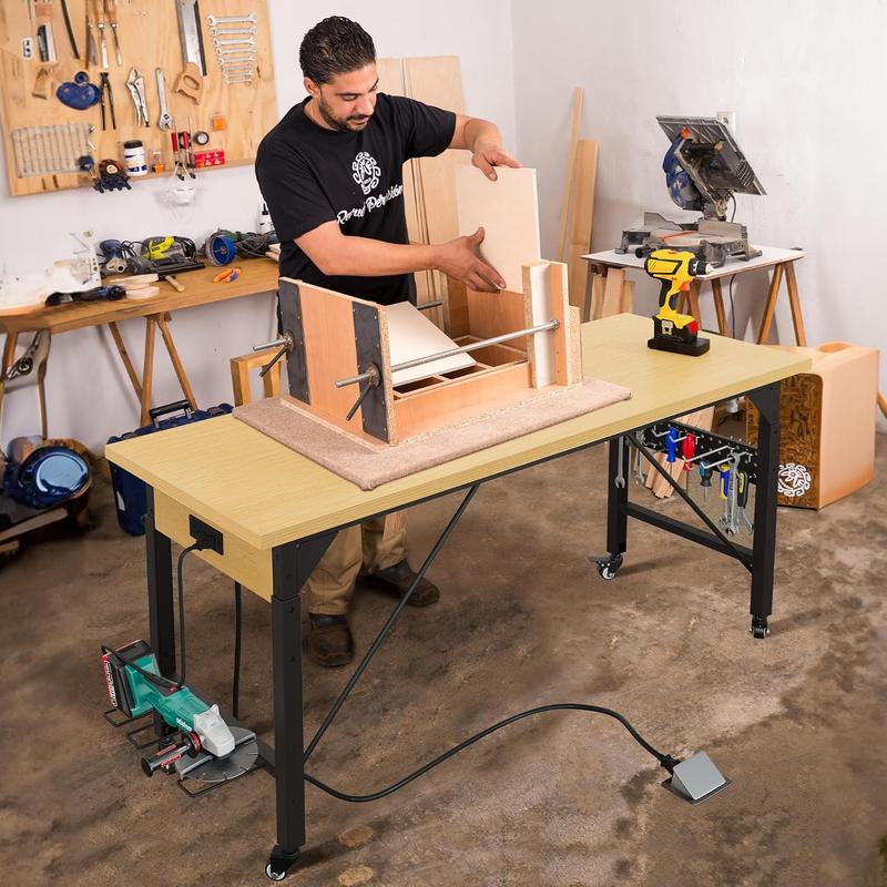YITAMOTOR Work Benches for Garage 60" x 24" Work Table w/Outlets, Tool Bench Garage Workbench Husky Workbench 1600 LBS Load Capacity with Wheels for Workshop, Office, Home, Outdoor
