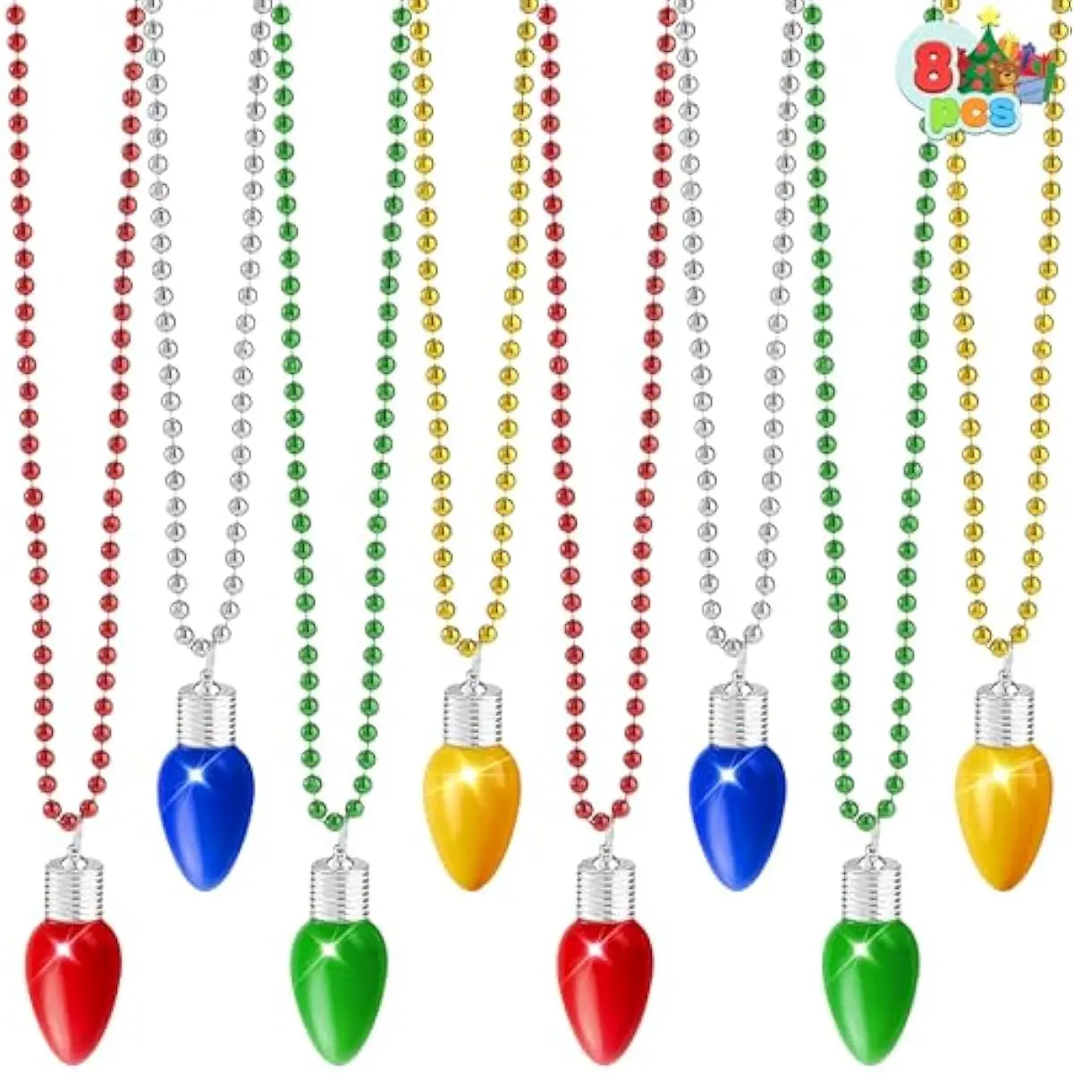 8 Pcs LED Xmas Bead Necklaces with Bulb Pendants,Light Up with Jumbo Bulb Lights in 3 Lighting Modes Xmas Bells Necklace Accessory for Adult Sweater New Year Party Supplies