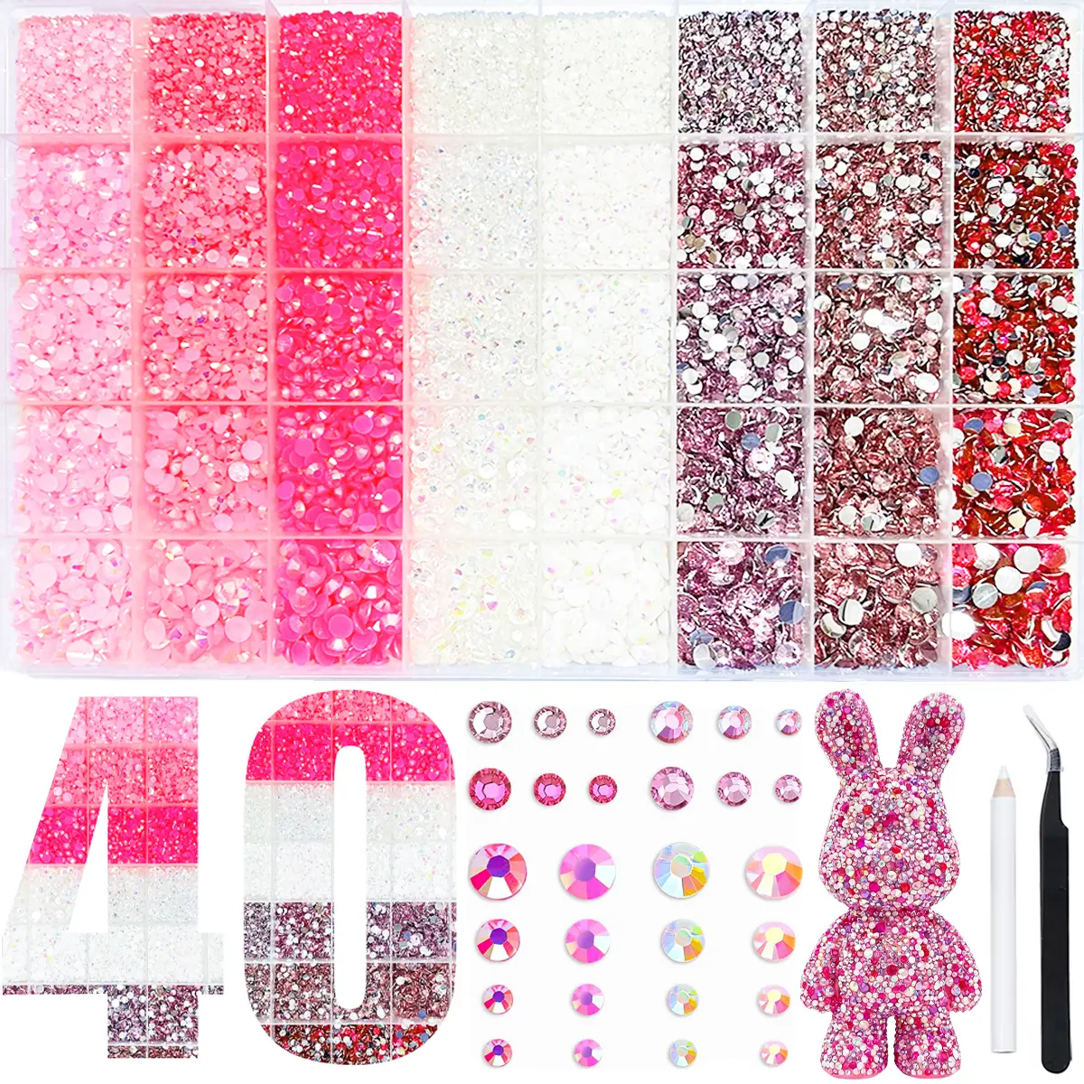 50000 Pcs Pink Rhinestones Jelly for Bedazzling, Multiple Sizes 2,3,4,5,6mm and Muktiple Color Light and dark Pink Flatback Gems Bedazzler DIY Kit with Tool, Flat Back Resin Crystal Diamond Gemstone Jewel Stone for Crafting Clothes