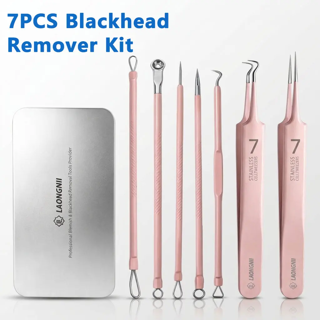 7PCS Blackhead Removal Tool Set Stainless Steel Pore Cleaner Kit, Facial Cleansing Tools with Precision Tweezers and Storage Case, Professional Skin Care Tools for Home Use