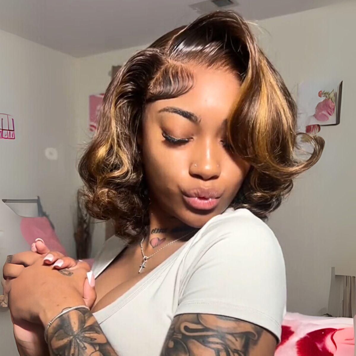 Menglle Side Part Honey Blonde Highlight 7x6 Pre Cut Lace Bouncy Body Wave Bob Wig Human Hair Wigs Natural And Voluminous#springfresh#GiftedInLove