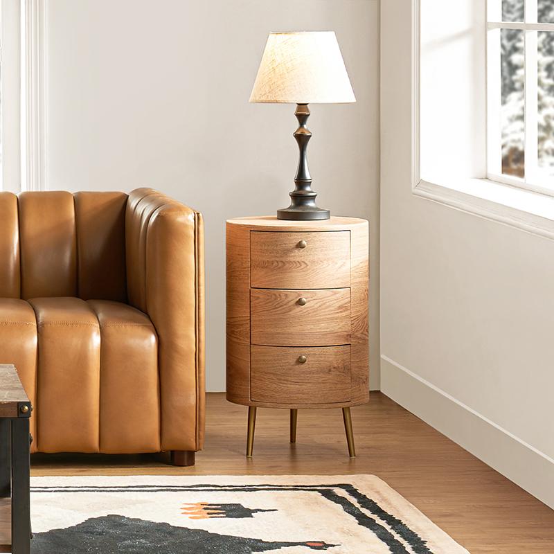 Hulala Etta 26'' Tall Drum 3 Drawer End Table, Solid and Manufactured Wood, with Square Drawers and Storage Cabinet, Metal Legs