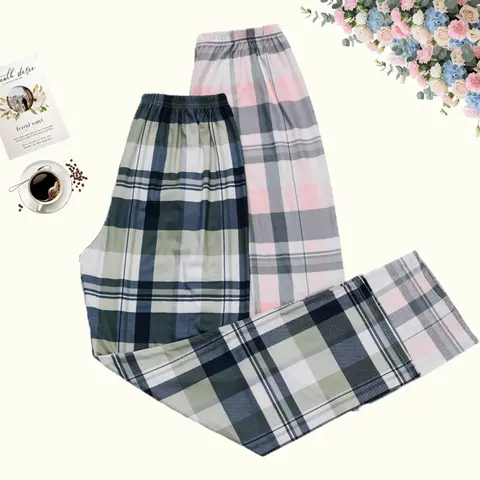 Women’s 2-Piece Plaid Knitting Pajama Set - Soft Lightweight Comfortable Fabric, Elastic Waistband, Loose Relaxed Fit, Multi-Size Casual Sleepwear Loungewear Bottoms