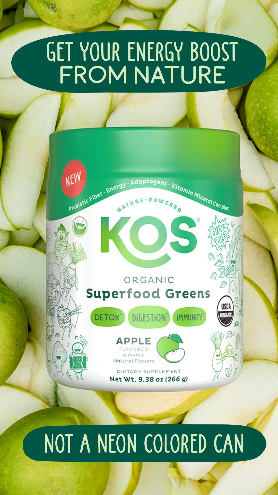 KOS Organic Superfood Greens Apple Flavor - 28 Servings USDA Certified Prebiotic Fiber Adaptogenic Mushroom Blend Gut Health Supplement - Vitamin