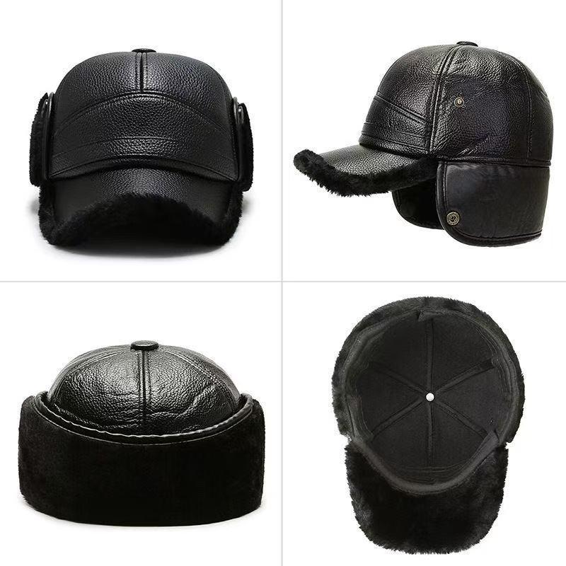 Men's Winter Cap With Plush Earmuffs Faux Leather Earflap Duckbill Hat For Elderly Windproof Waterproof Warm Cold Weather Headwear One Size Fits Most
