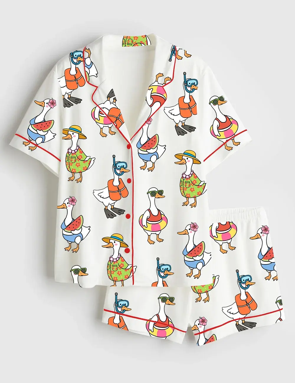 Women’s Just A Silly Goose Summer Cute Retro Goose Print Long Sleeve Satin Pajama Set - Pyjamas - Includes Short Pajamas and Long Pajamas.