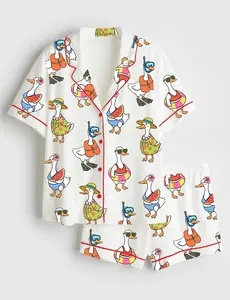 Women’s Just A Silly Goose Summer Cute Retro Goose Print Long Sleeve Satin Pajama Set - Pyjamas - Includes Short Pajamas and Long Pajamas.
