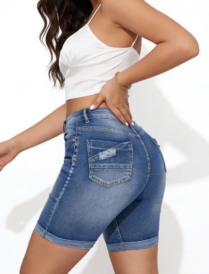 High Waist Ripped Denim Shorts for Women Stretch Skinny Knee Length Jeans Comfortable Fit Medium Wash Distressed Front Raw Roll Hemline Button Up Fly Closure Soft Stretch Cotton Blend
