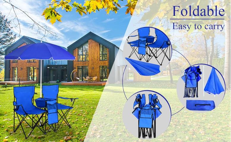 COSTWAY Double Portable Picnic Chairs, Folding Camping Chairs w/Detachable Umbrella, Cooler Bag, Cup Holders, Patio Beach Camping Chairs for Outdoors-Back to School