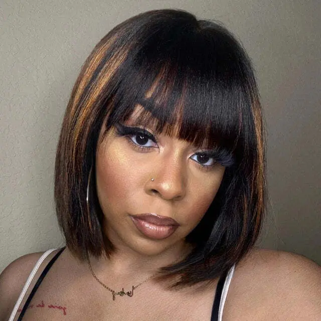 【LIVE Sale】12‘’ Unice Ombre Brown Balayage Yaki Straight Bob Wig with Bang 2x4 Human Hair Lace Closure Wig
