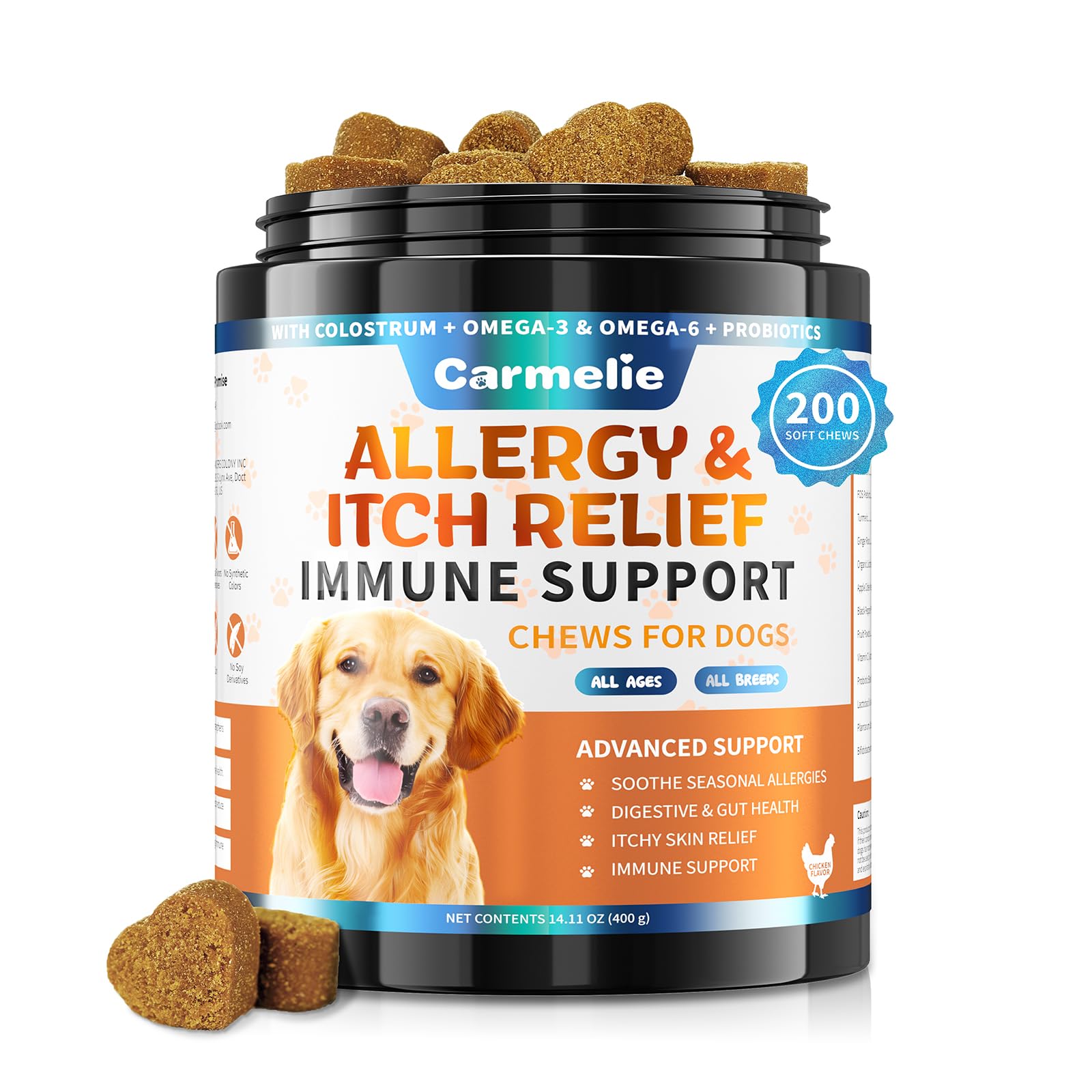 Carmelie Allergy & Immune Chews for Dogs – Itch Relief, Skin & Coat & Seasonal Allergy Support – Dog Vitamins with Colostrum, Prebiotics, Probiotics, Apple Cider Vinegar & Vitamin C – Chicken Flavor, 200 Soft Chews Carmelie Allergy & Immune Chews for Dogs – Itch Relief, Skin & Coat & Seasonal Allergy Support – Dog Vitamins with Colostrum, Prebiotics, Probiotics, Apple Cider Vinegar & Vitamin C – Chicken Flavor, 200 Soft Chews