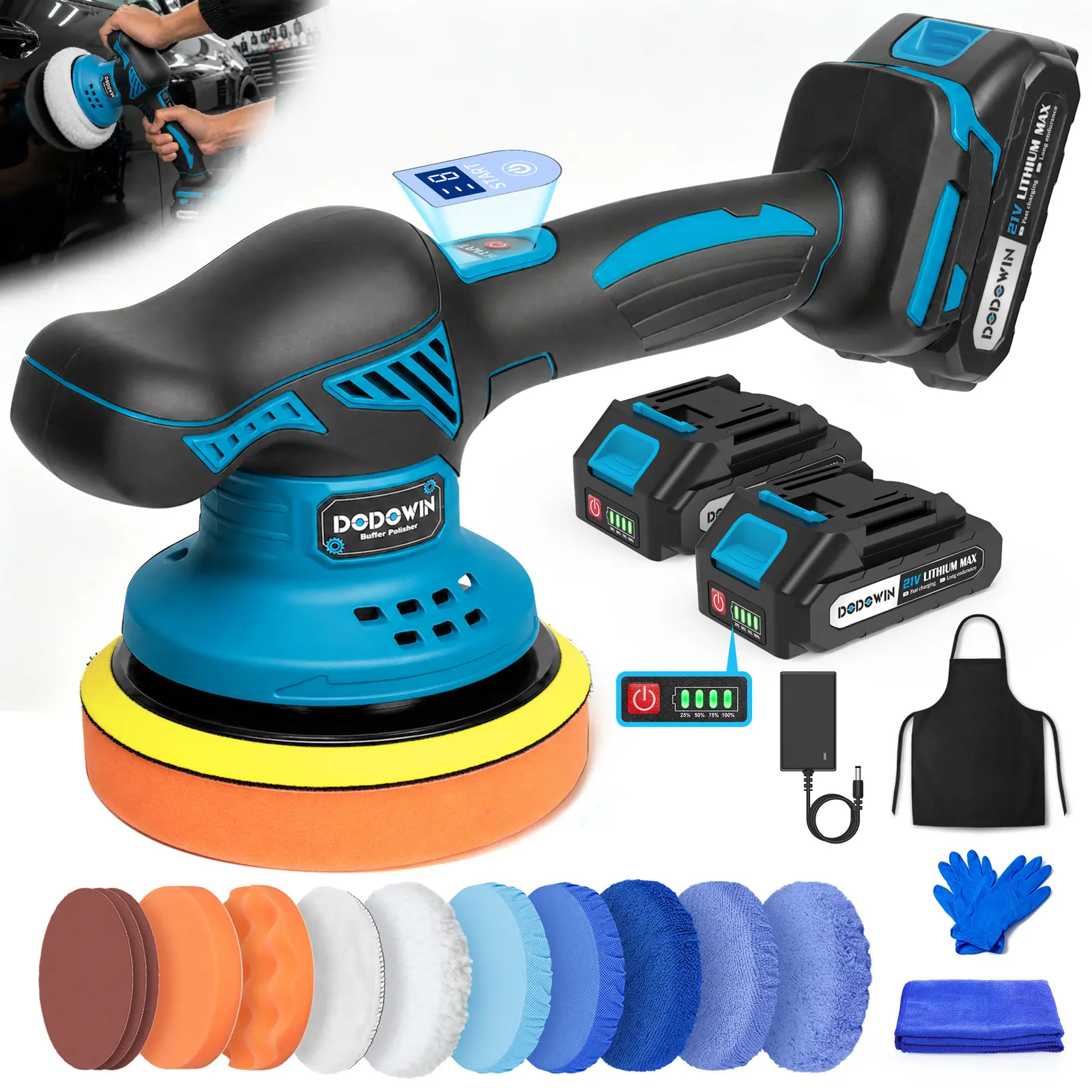 DODOWIN 21V Polishing Machine, Wireless Polishing Equipment, Car Polishing Machine, Wireless Car Polishing, 33.81/67.63 oz-ion Batteries, Suitable for Car Beauty, Waxing, Polishing, Scratch Removal, And Bathroom Cleaning, Vehicle Maintenance