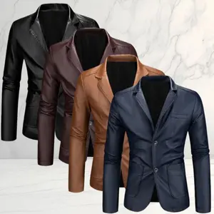 Men's Plus Size Black Leather Double-Breasted Blazer, Business Casual Style, Slim Fit Cut with Leather Texture Double-Breasted Design, Black for Professional Men's Daily Commute or Light Business Occasions slim fit pu leather jacket  outfit