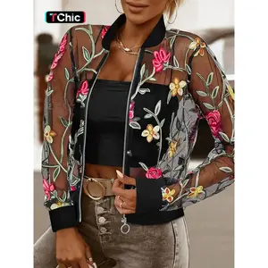 Women's Floral Embroidery Sheer Crop Jacket, Casual Long Sleeve Zipper Front Outerwear for Spring & Fall, Ladies Clothes for Daily Wear