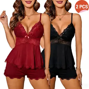 Women's Sleeveless Pajama Set - 2 Piece Solid Color Lace Trim Cami Top & Shorts Pyjama Set, Comfortable Stylish Nightwear for Everyday Wear, Sweetness Cami Set Lace Camisole Lingerie Nightwear Nightdress Boudoir Sleepwear