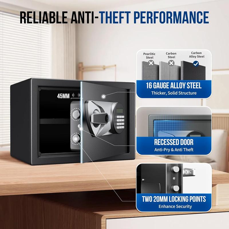 BlackSmith Home Safe 1.0 Cub Biometric Safe Box Fingerprint Recognition Security Safe with Keys Keypad Lock Box Secure Jewerly Valuables Wall Mount Cabinet Safe with LCD Display Dual Alarm System