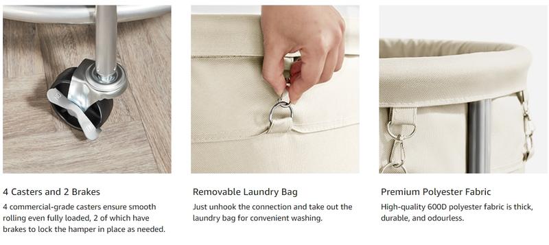 SONGMICS Laundry Basket with Wheels, Rolling Laundry Hamper, Round Laundry Cart with Steel Frame and Removable Bag ,Organiser