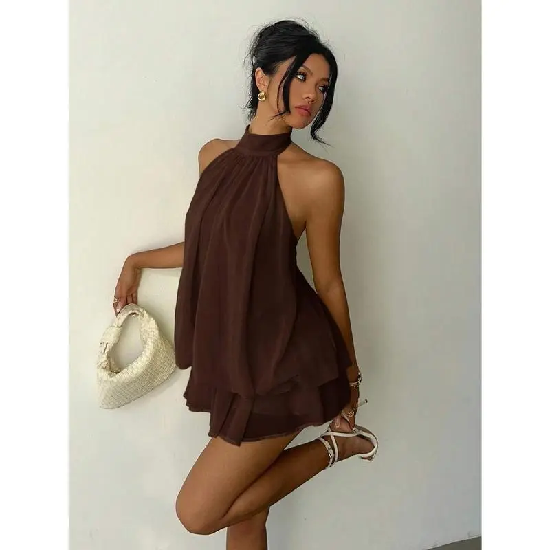 Elegant women’s slim-fit sexy backless halter waist-cinched puff short dress with tie straps; elegant women’s dress