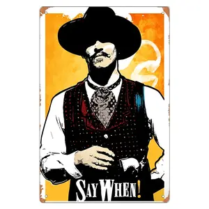 West Cowboy Movie Tin Sign - "Say When!" Metal Vintage Wall Decor for Bars, Garages, Cafes, for Man Caves Pubs, 8x12in Unframed Metal Artwork with Distressed Yellow Background