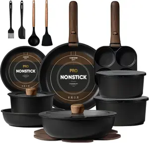CAROTE 25pcs Pots and Pans Set Non Stick, Cookware Sets, Kitchen Set, Oven/Dishwasher/Fridge Safe, Space Saving Pots Set, Nonstick Set with Versatile Detachable Handle, Induction RV Set, Black