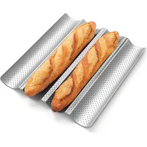 Baguette Bread Pan, Premium Nonstick Perforated Baguette Pan for French Bread Baking, 4 Loaves Baguette Baking Tray for Sourdough, Italian Bread, Perfect for Creating Crisp Golden-Brown Crust