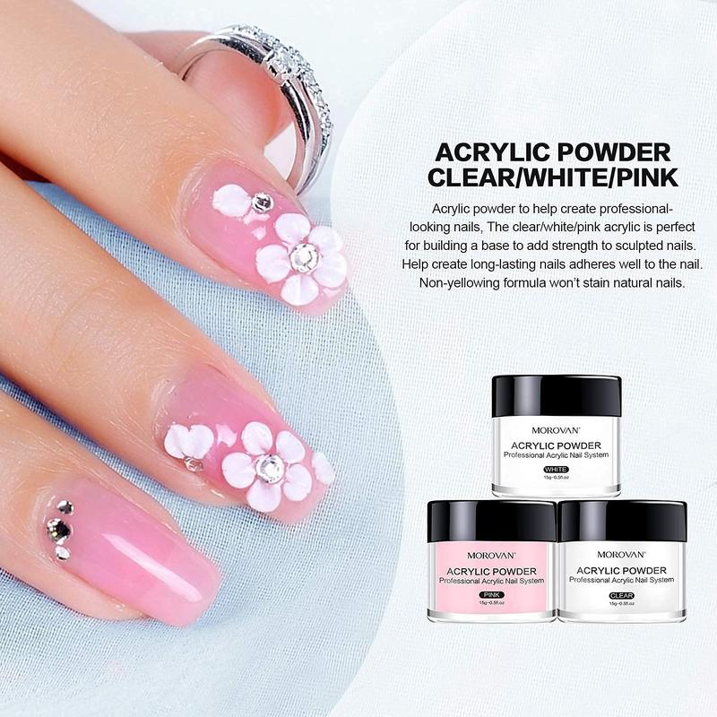 Acrylic Nail Kit: Clear Pink White Powder and Professional Liquid Set for Nail Extension - DIY at Home With Brush for Beginners