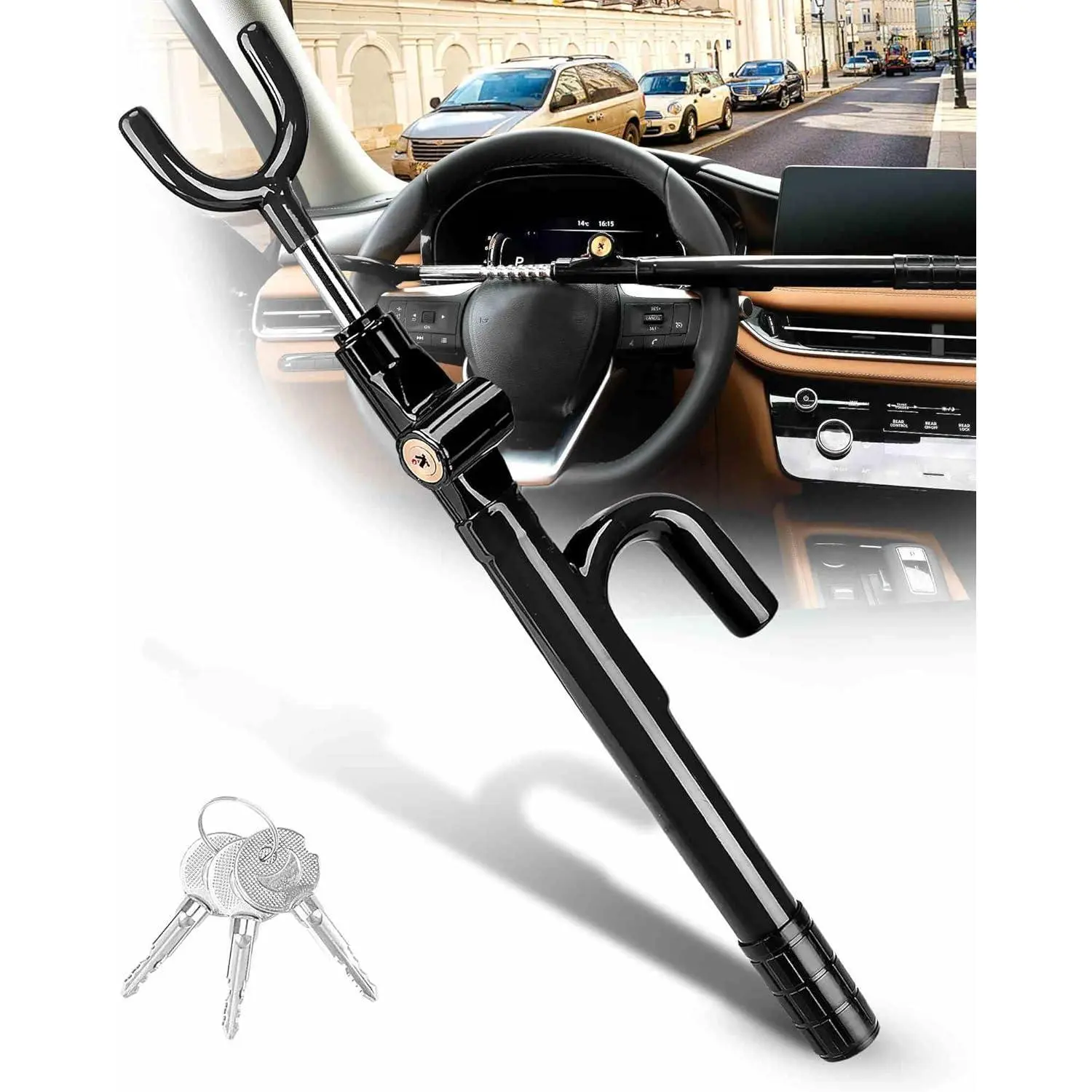 Steering Wheel Lock Anti-Theft Device Security Car Lock Anti Theft Car Device Visible Locking Devices Adjustable Car Wheel Lock for Cars with 3 Keys (Black)
