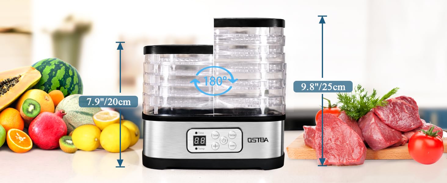 OSTBA Food Dehydrator Machine Adjustable Temperature & 72H Timer, 5-Tray Dehydrators for Food and Jerky, Fruit, Dog Treats, Herbs, Snacks, LED Display, 240W Electric Food Dryer, Recipe Book Appliances,low power consumption