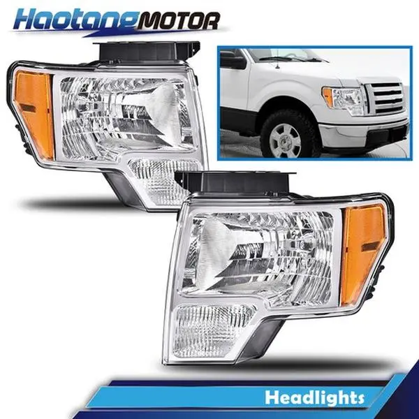CROSSDESIGN Amber Corner Clear Chrome Headlights Lamps LH & RH Fit For 09-14 Ford F150 F-150