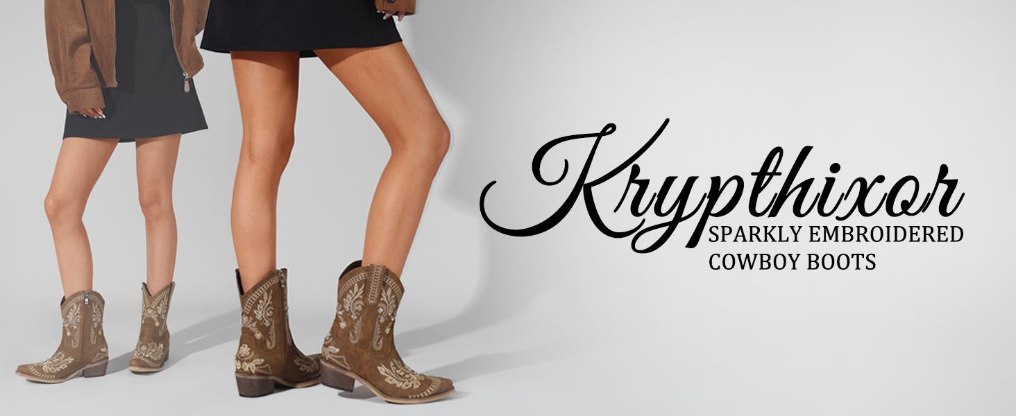 Rhinestone Ankle Cowboy Boots for Women Embroidered Short Cowgirl Boots with Low Heel Side Zipper Comfortable Chunky Heel Western Booties for Prom Party Wedding Pull On Shoe