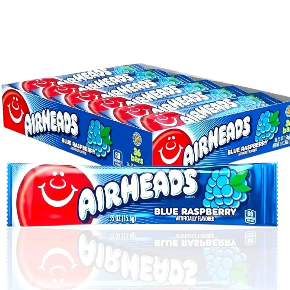 Airheads Candy, Blue Raspberry Flavor, Individually Wrapped Full Size Bars, Taffy, Non Melting, Party, Pack of 36 Bars Snack Sweet