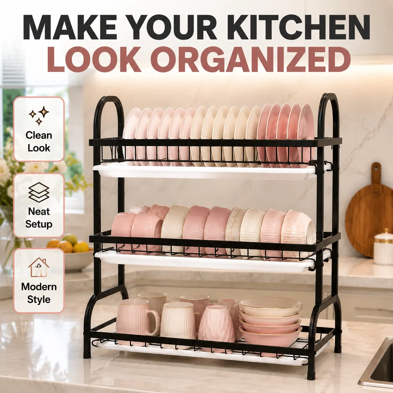 Black 3-Layer Carbon Steel Kitchen Dish Rack & Organizer - Rust-Proof, Lightweight, Sturdy, Compartmentalized Clutter-Free Draining Boards, Chopstick, Utensil, Bowl, Plate Holders, Cutting Board Slot for Small Kitchens, Apartments, Divided Organizer Shelv