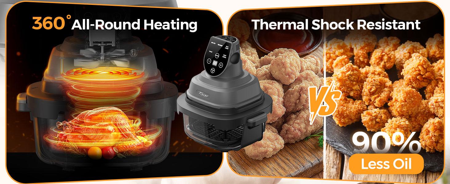 1500W 5-in-1 Glass Air Fryer Non-Toxic - 4Qt Pot+6Cup Container with Lid & Dust Cover, Portable Smart Kitchen Appliance Silicone Pad Included