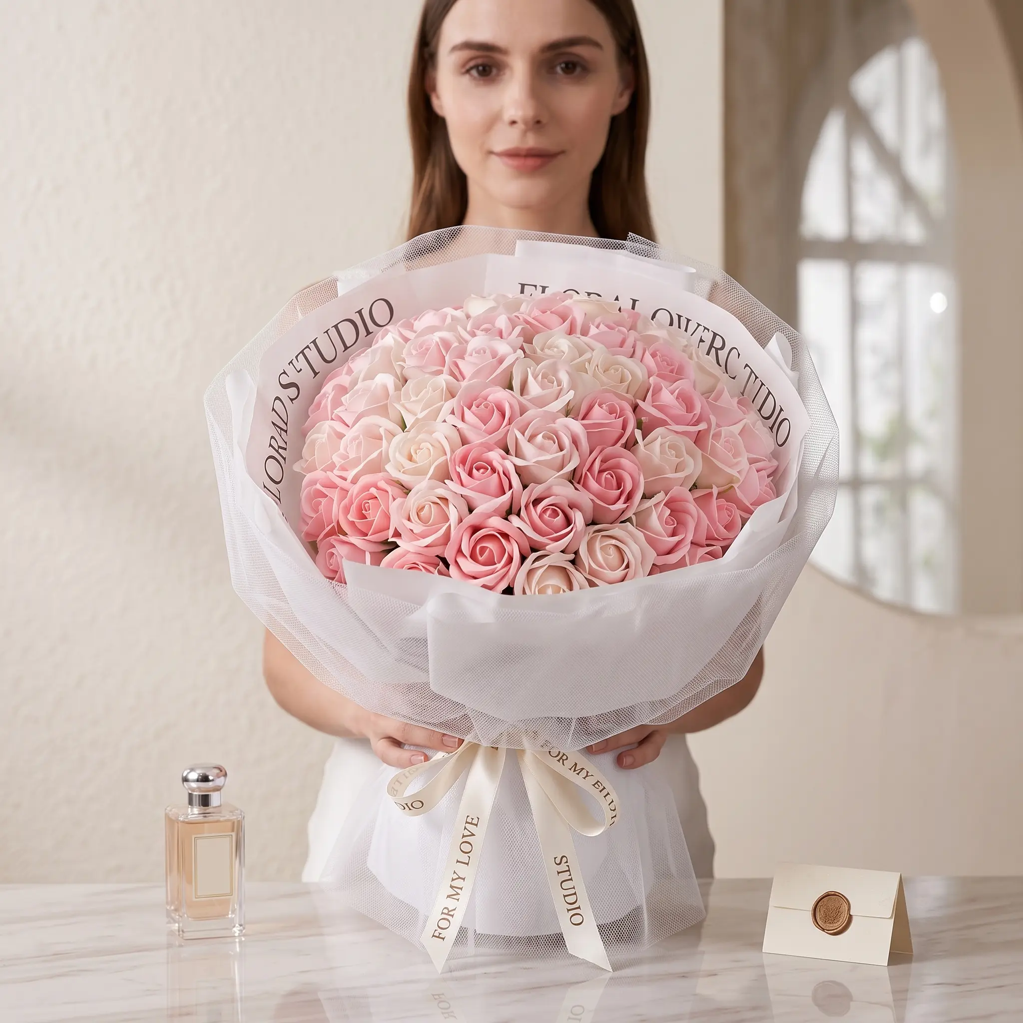 【US】Satin Fairy Artificial Bouquet - 52 Pcs PeaWove Premium Faux Roses with Warm Lights, Scented Eternal Flowers Decor Luxury Gift Set for Anniversary,back to school,back to school haul