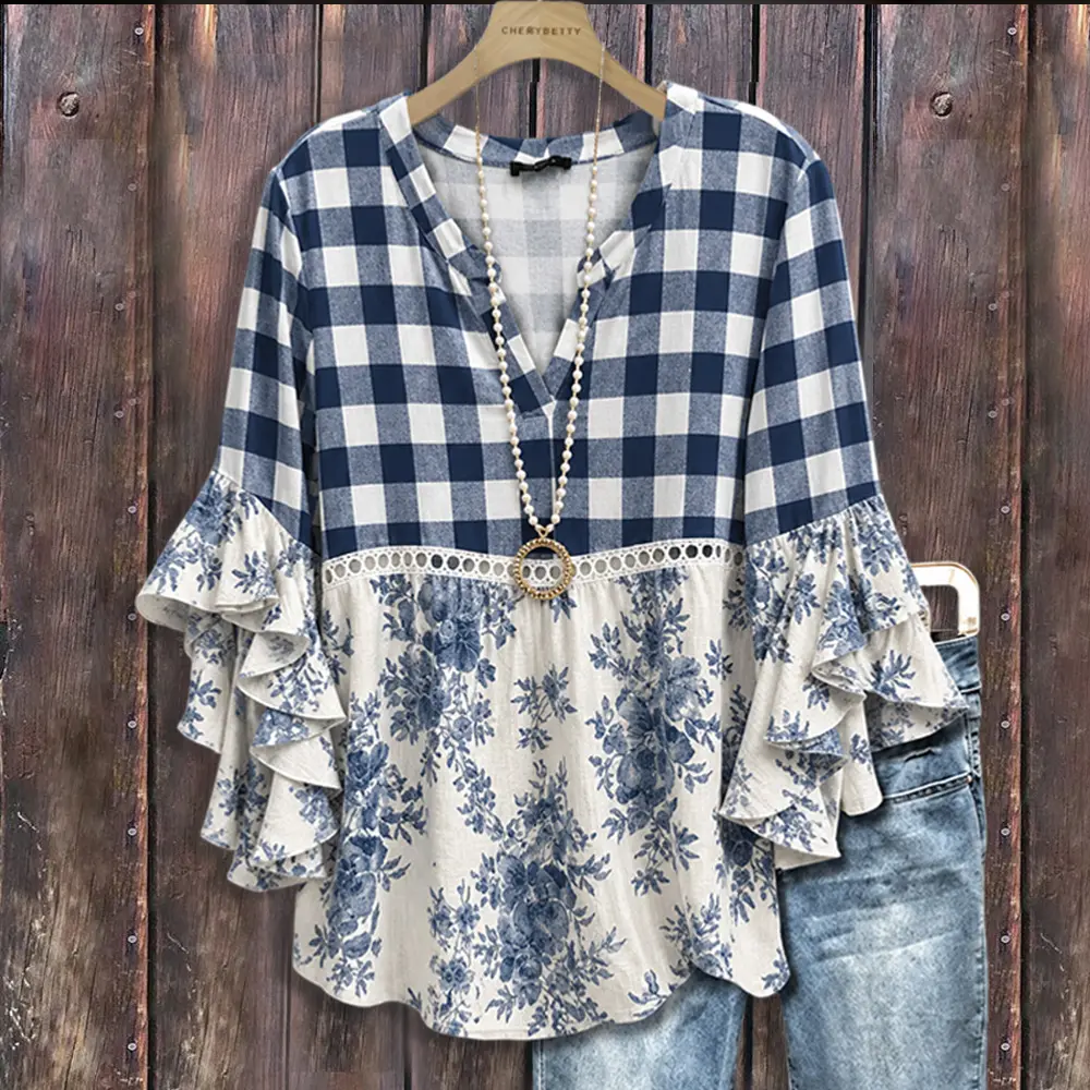 Cherrybetty Mixed Plaid Floral Print Hollow Out Ruffle Sleeve Top Outfit Inspo Spring Summer Fashion Sweety Comfort Elegant Outfits Going Out Tops