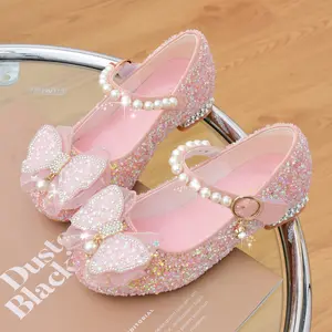Girls' Heels Children's Bow Flat Shoes Shiny Crystal Shoes New Dance Shoes Pearl Dress Princess Shoes