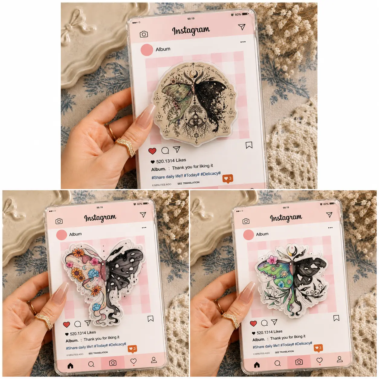 Mystic and dual nature butterfly phone grip collection, aesthetic acrylic griptok stand accessories