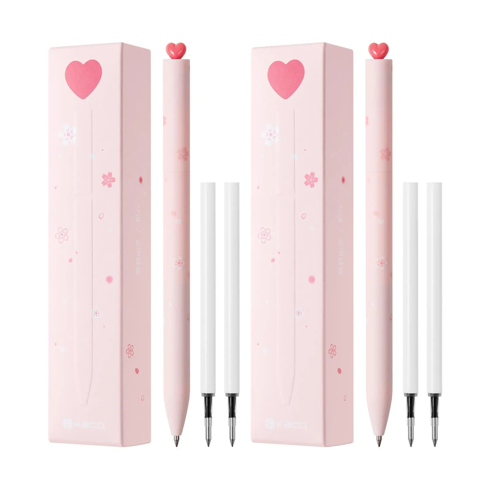 Kaco FIRST Pink Sakura Love 0.5 mm Refillable Gel Pens (2 Pcs with 4 Extra Refills) - Lightweight ABS Material, Soft Grip, Quick Drying, Smudge-Proof Writing, Unique Style, Boxed Pack, Ideal Gift for Family & Friends, Daily Office Stationery