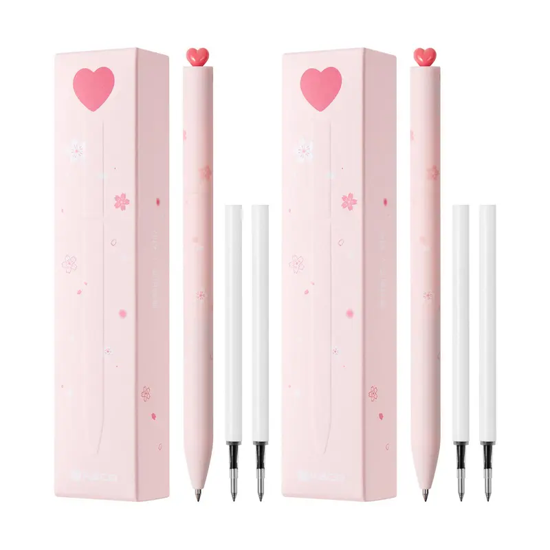 Kaco FIRST Series Sakura Love 0.5mm Fine Point Refillable Ultra Fine Pens (2 Pcs with 4 Extra Refills) - Lightweight ABS, Soft Grip, Quick-Drying, Smudge-Proof, Unique Cute Design, Boxed Pack, Notes Aesthetic, Back to School Office Supplies for Kids